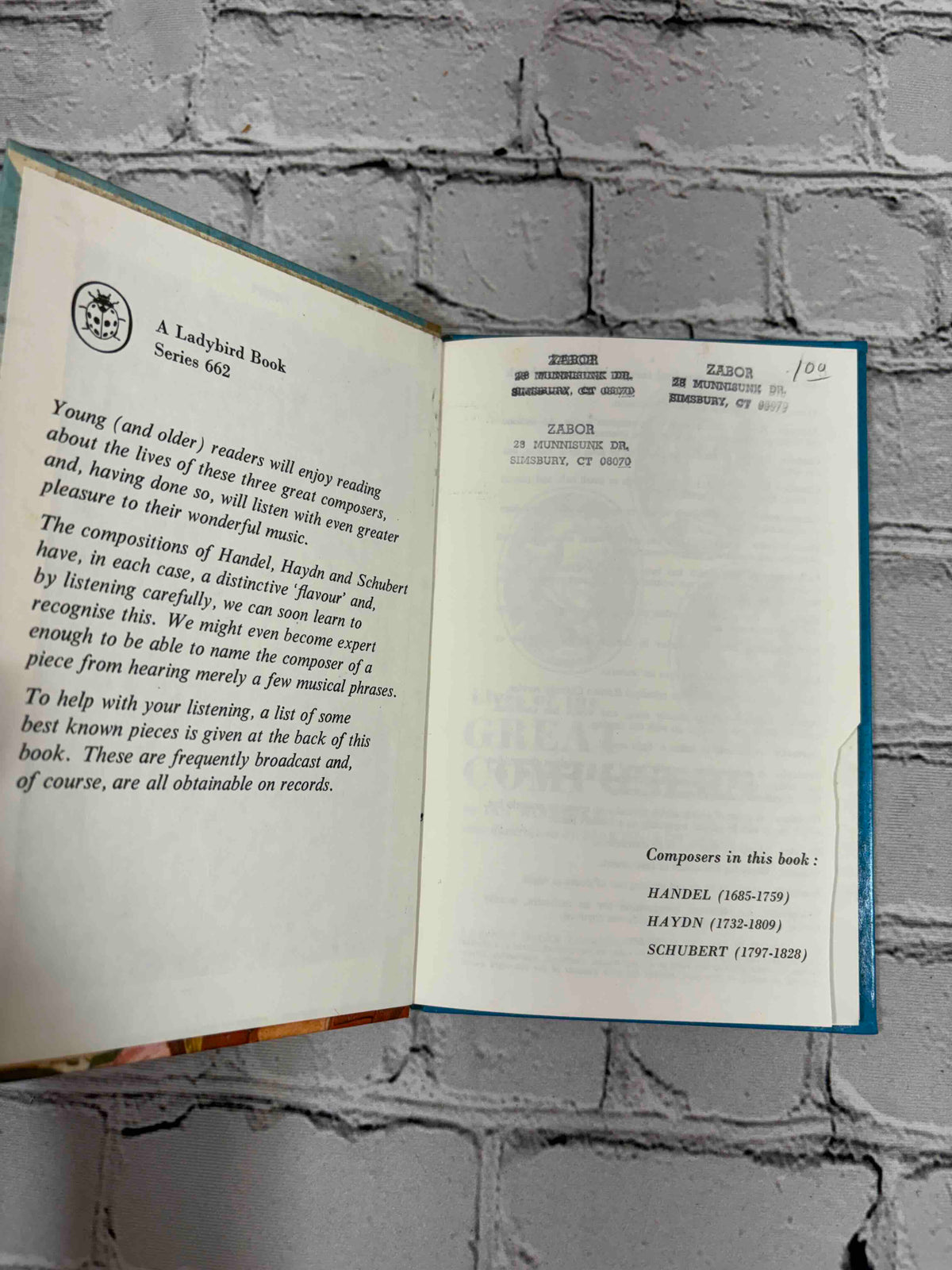 Lives of the Great Composers Book 2 by Ian Woodward, Ladybird hardcover - front endpaper with owner stamps