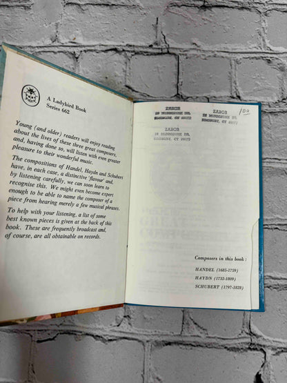 Lives of the Great Composers Book 2 by Ian Woodward, Ladybird hardcover - front endpaper with owner stamps