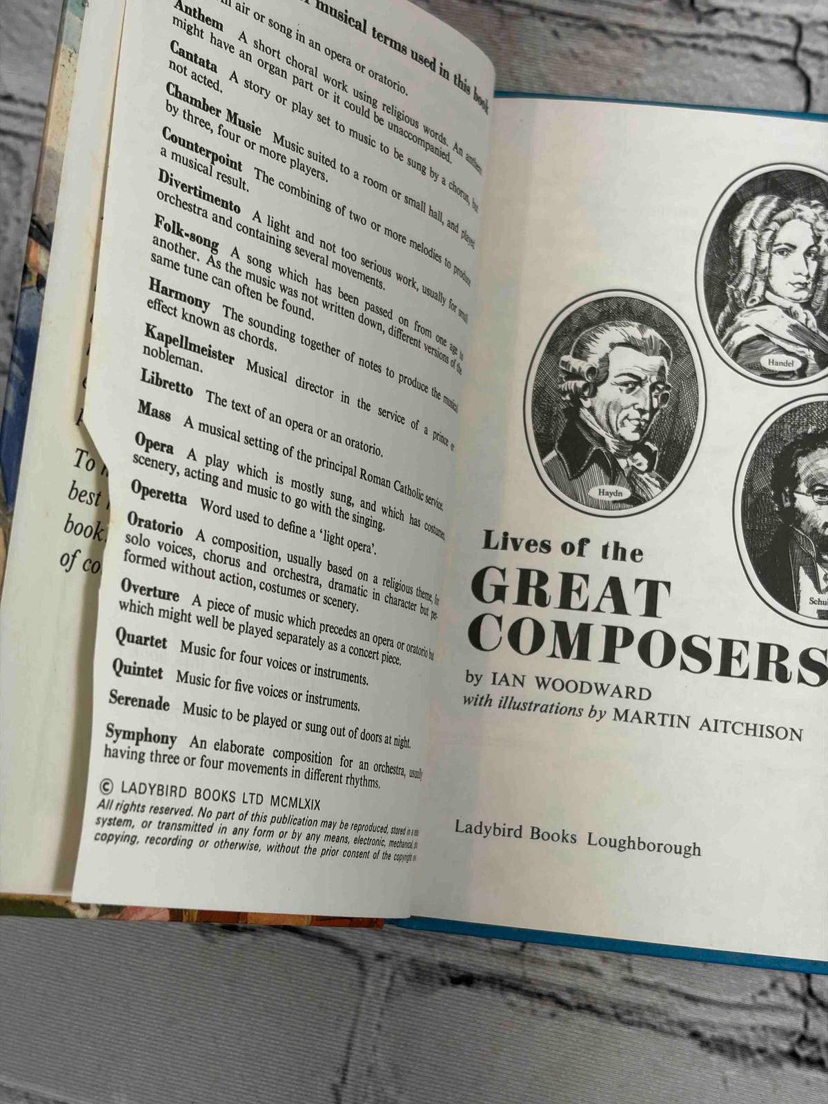 Lives of the Great Composers Book 2 by Ian Woodward, Ladybird hardcover - title page and glossary