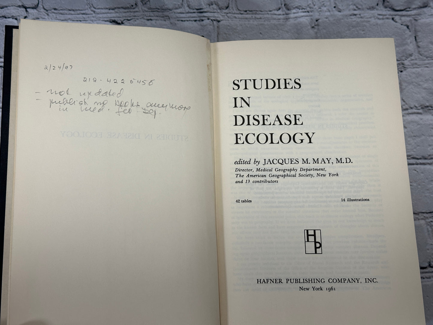 Studies in Disease Ecology  By Jacques Meyer May [1961]