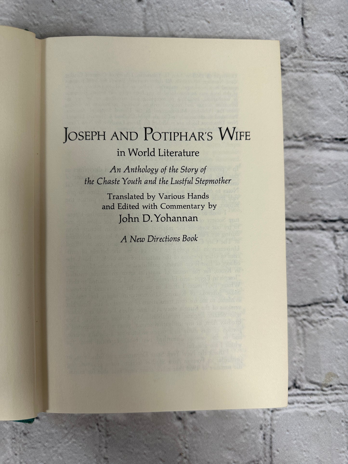 Joseph and Potiphar's Wife in world Literature edited by Yohannan [1968]