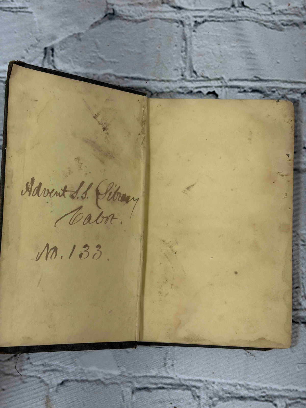 Happy Days, 1858 Crosby Nichols - front pastedown with Sunday-school library ownership