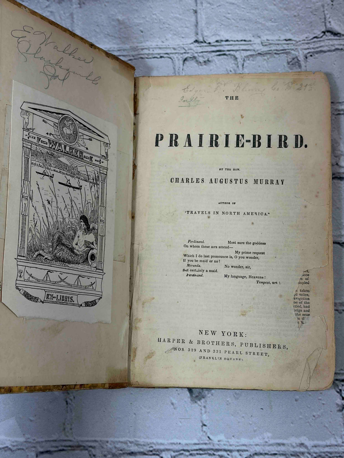 The Prairie-Bird by Charles Augustus Murray, Harper - bookplate and title page