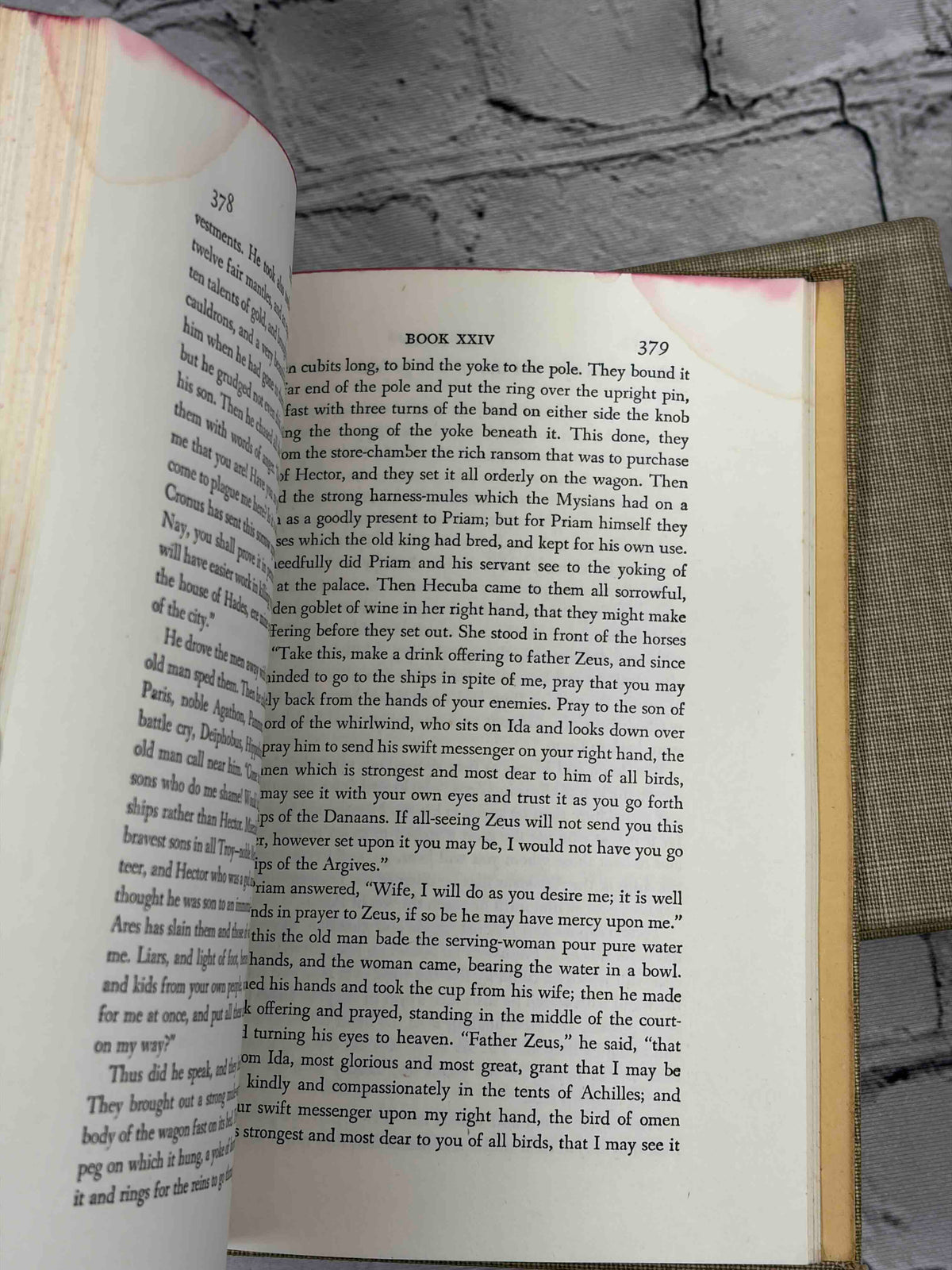 The Iliad and The Odyssey of Homer, Classics Club 1942-1944 - Iliad pages 378-379 with stain in top margin corner