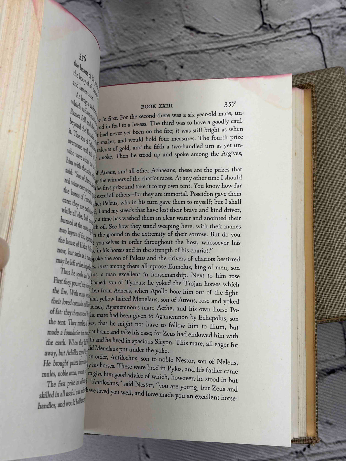 The Iliad and The Odyssey of Homer, Classics Club 1942-1944 - Iliad pages 356-357 with stain in top margin corner
