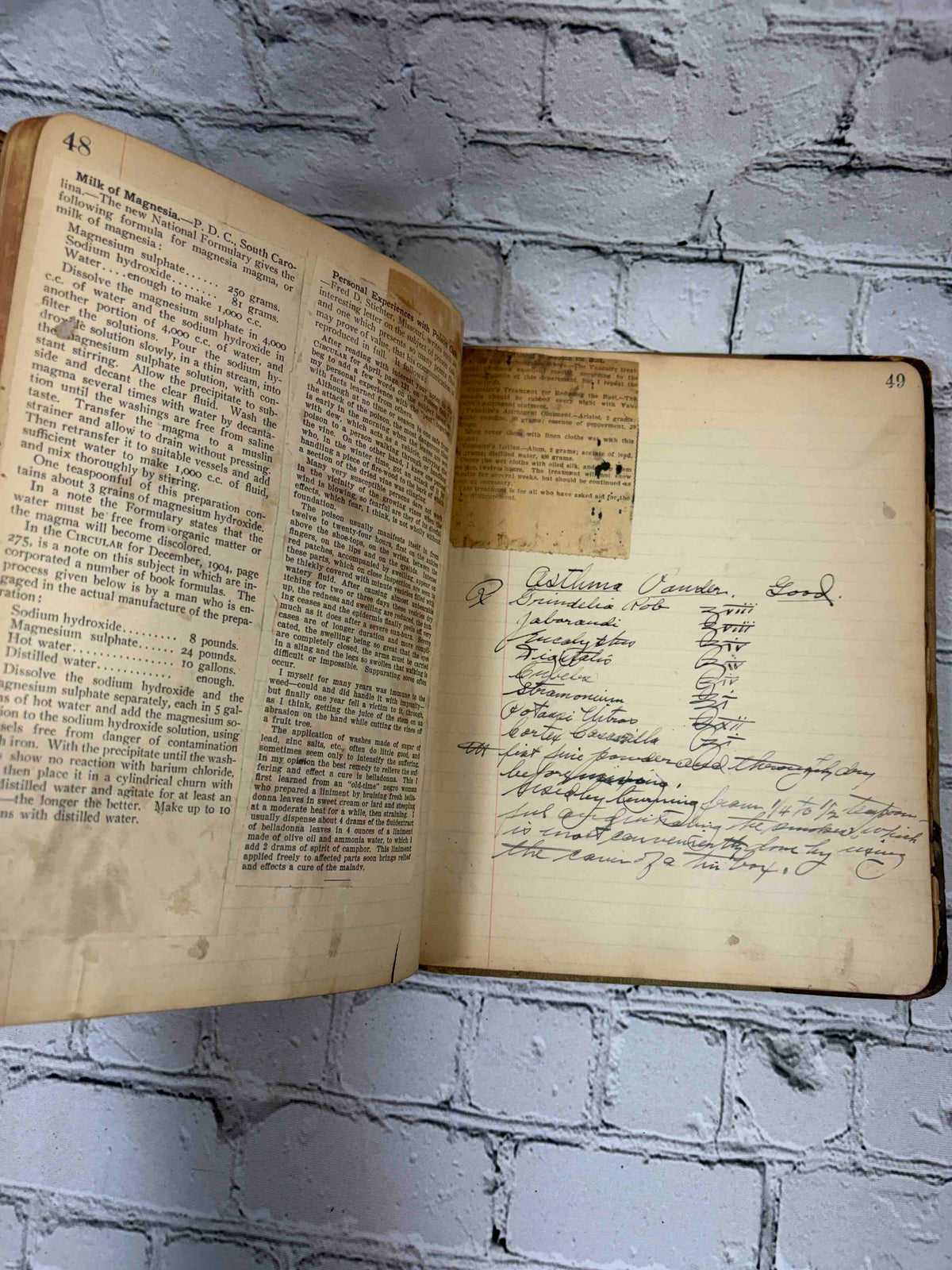 Pharmacist's handwritten formula book of Charles C. Neff, Ph.G., 1903-1906 - handwritten formulas and pasted clipping, page 49