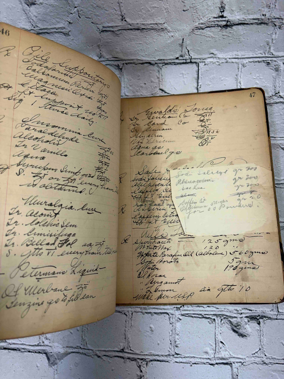 Pharmacist's handwritten formula book of Charles C. Neff, Ph.G., 1903-1906 - handwritten formulas, pages 46-47