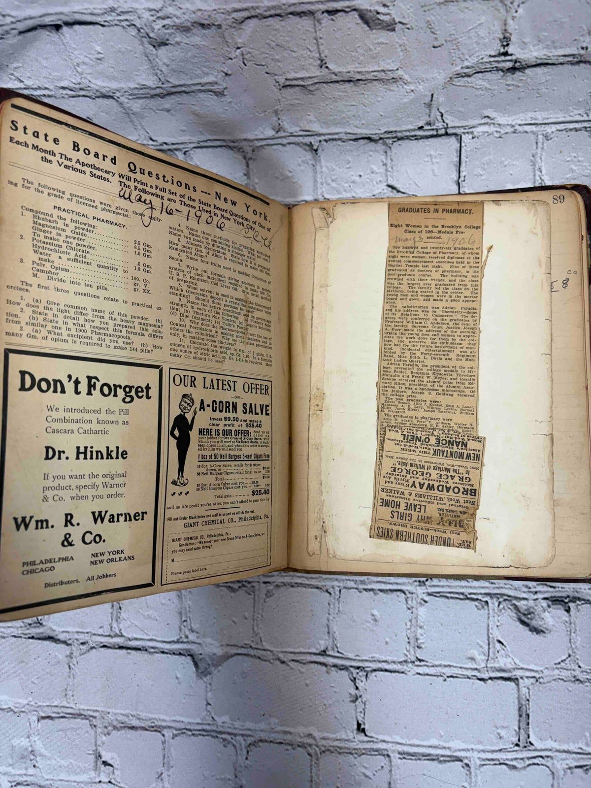 Pharmacist's handwritten formula book of Charles C. Neff, Ph.G., 1903-1906 - 1906 State Board Questions clipping