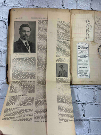 Pharmacist's handwritten formula book of Charles C. Neff, Ph.G., 1903-1906 - pasted-in 1906 clipping and Neff's Expectorant label