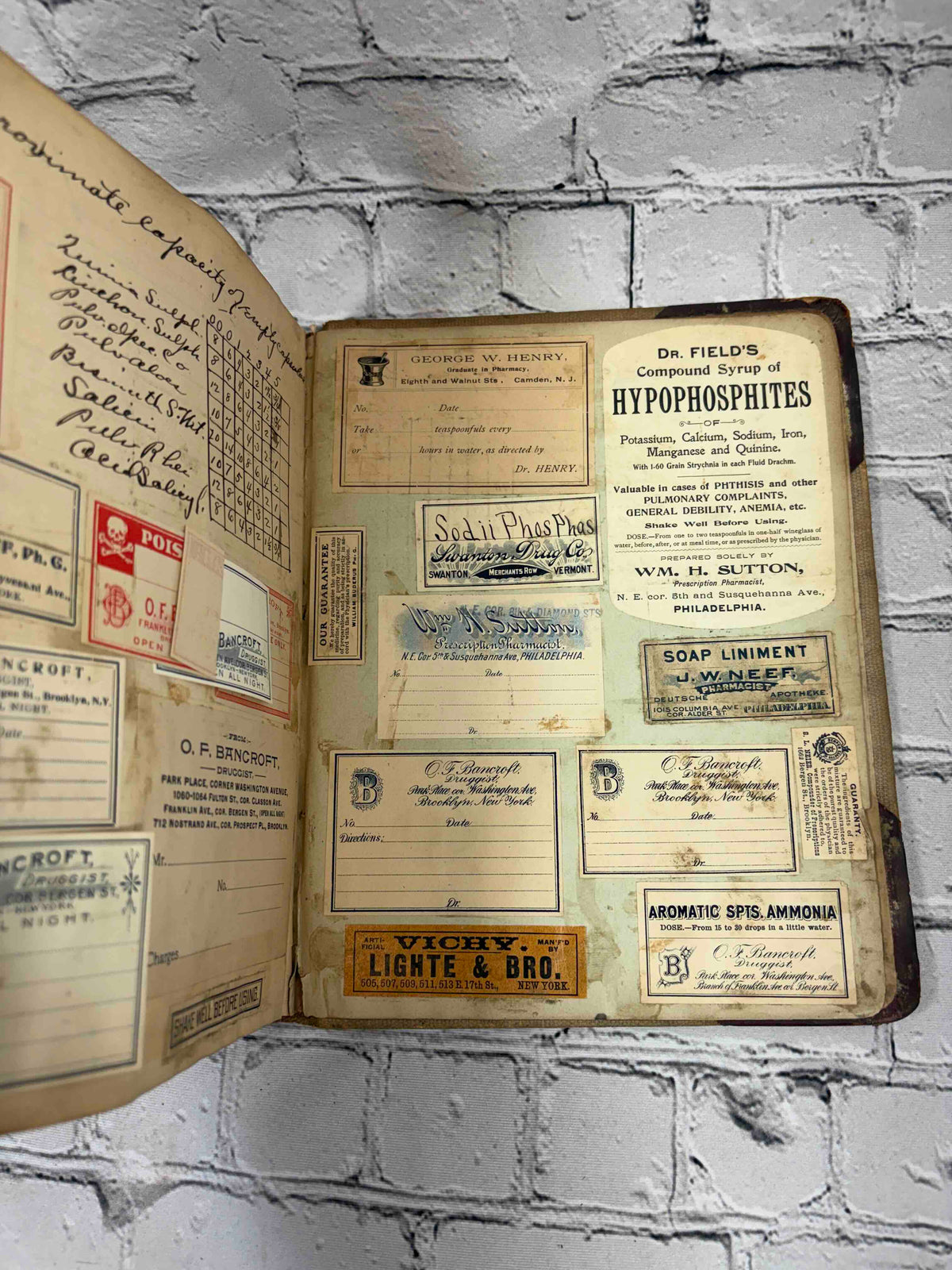 Pharmacist's handwritten formula book of Charles C. Neff, Ph.G., 1903-1906 - pasted-in pharmacy labels
