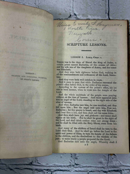 An Abridgment of the New Testament by Mrs. Trimmer, Rivington leather edition - owner inscription on first lesson page