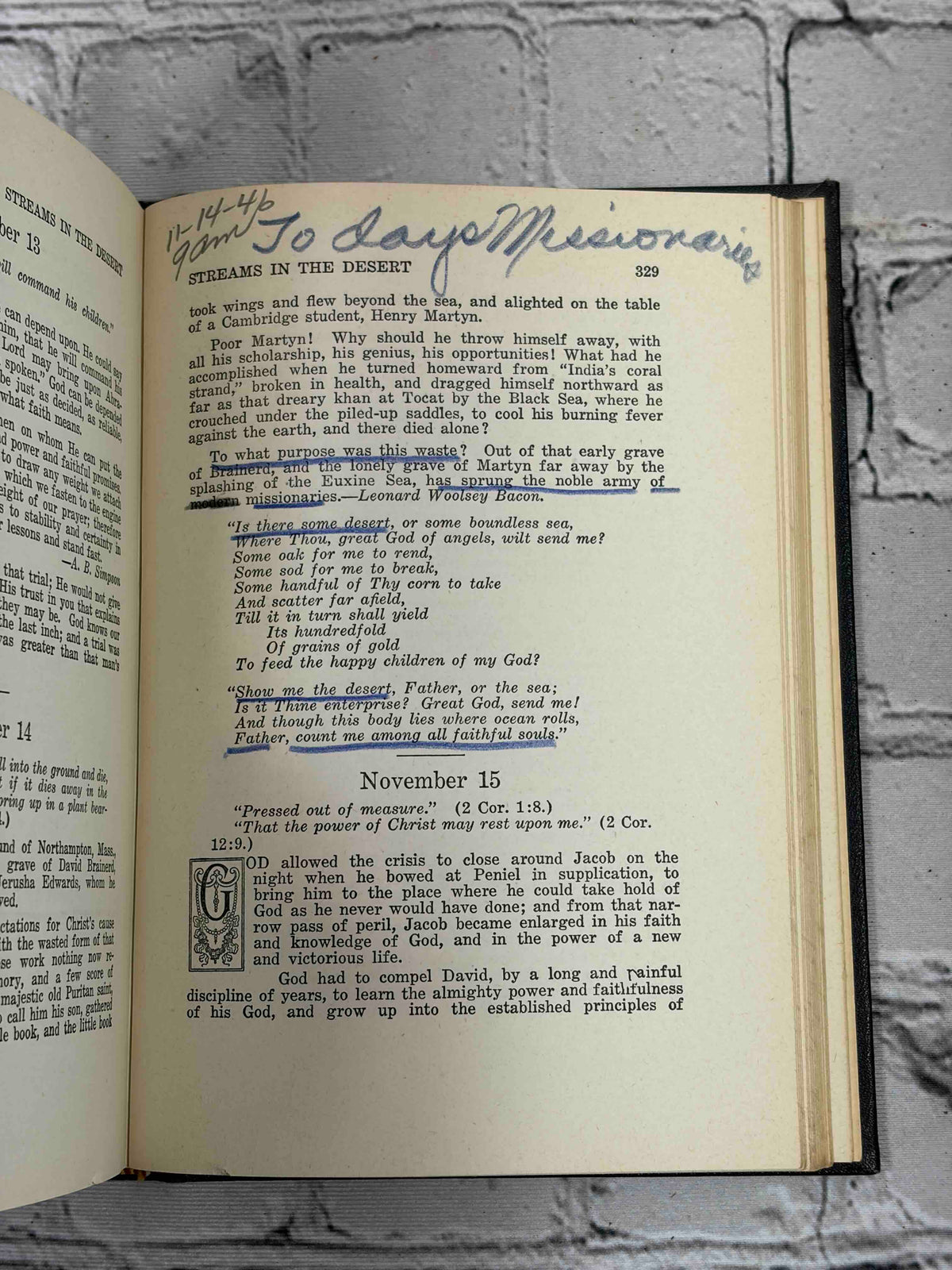 Streams in the Desert by Mrs. Chas. E. Cowman, 22nd edition - handwritten note and underlining, page 329