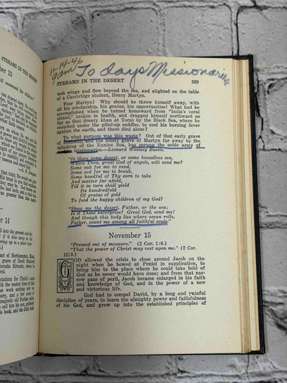 Streams in the Desert by Mrs. Chas. E. Cowman, 22nd edition - handwritten note and underlining, page 329
