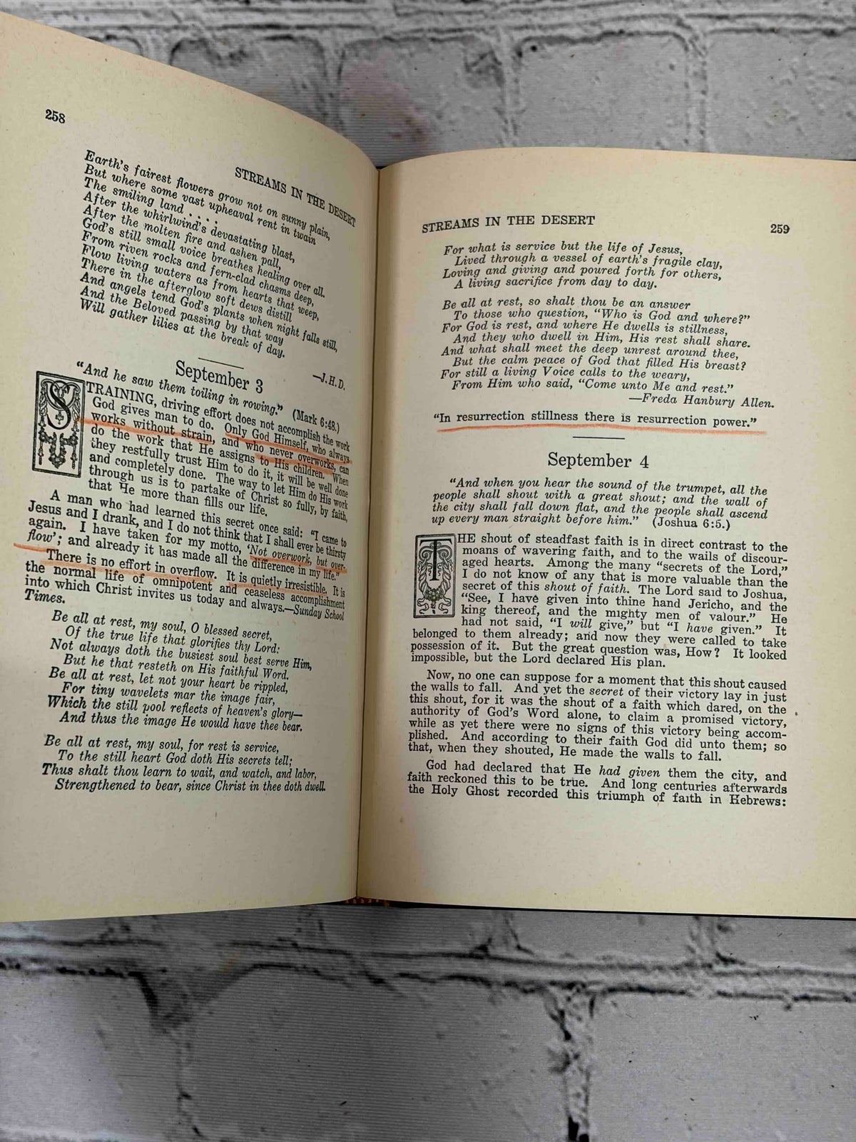Streams in the Desert by Mrs. Chas. E. Cowman, 22nd edition - colored pencil underlining
