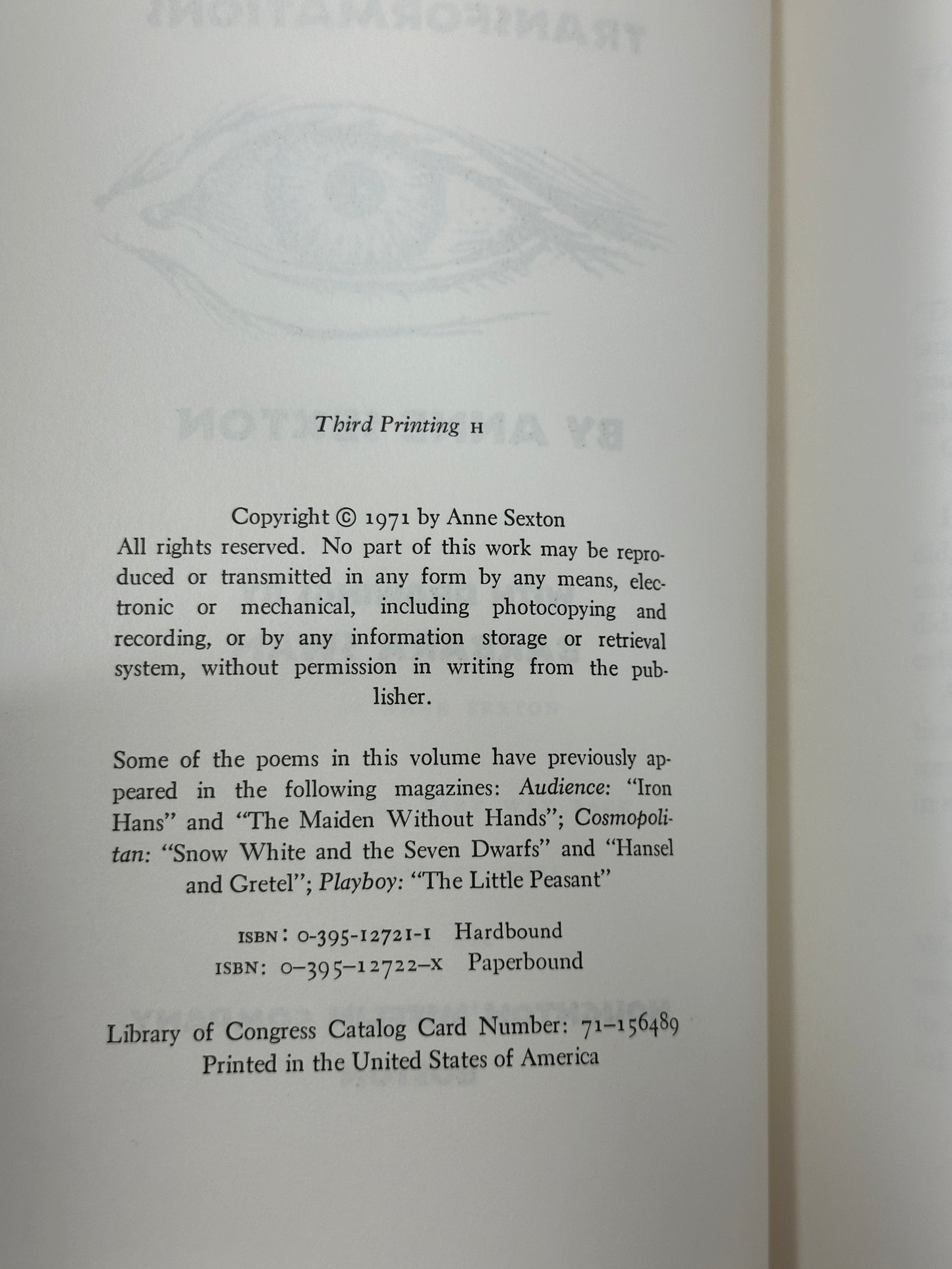 Transformations By Anne Sexton Preface By Kurt Vonnegut [3rd Print · 1971]