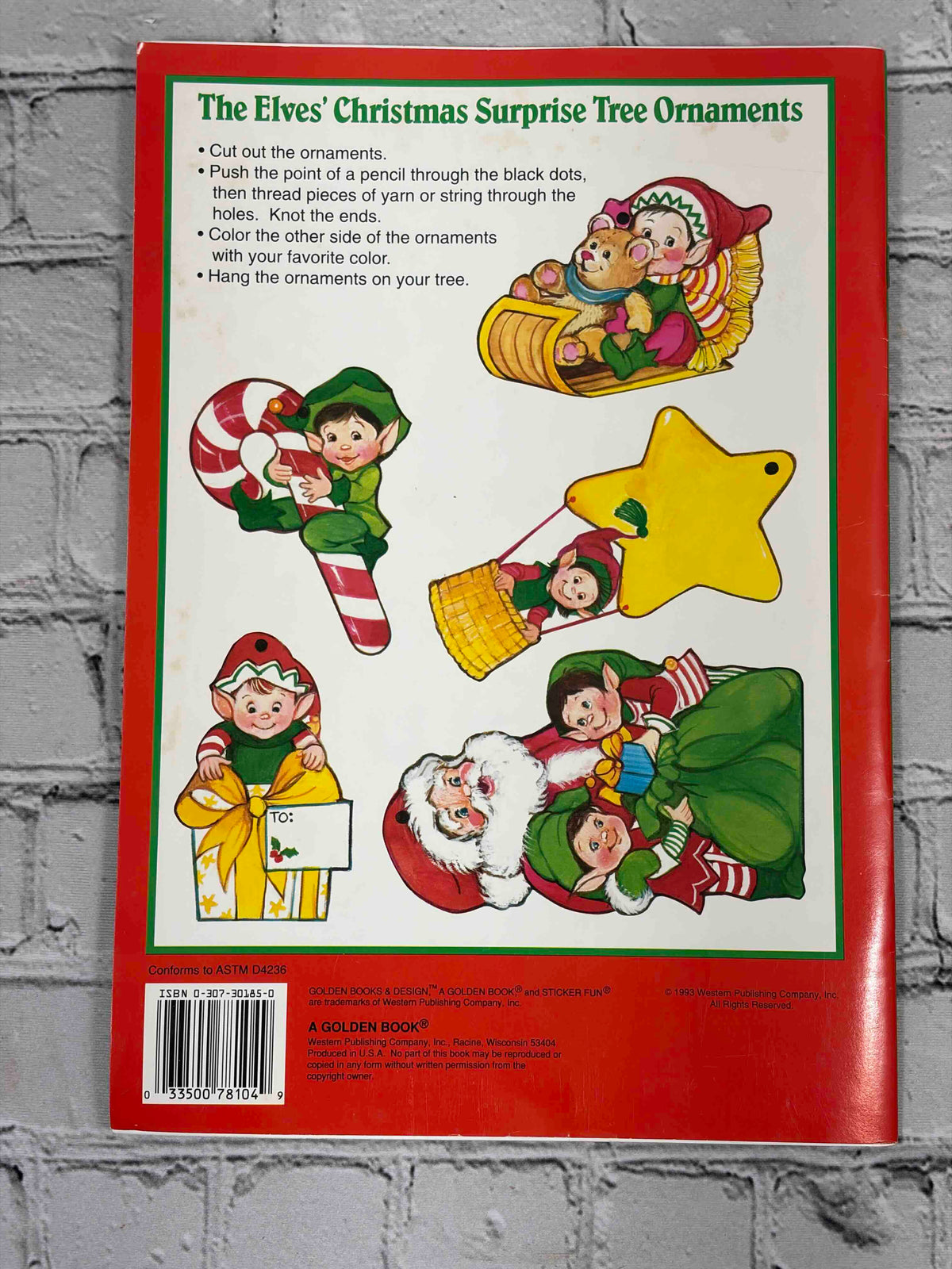 The Elves' Christmas Surprise Sticker Fun, 1993 Golden Books - back cover with cut-out tree ornaments