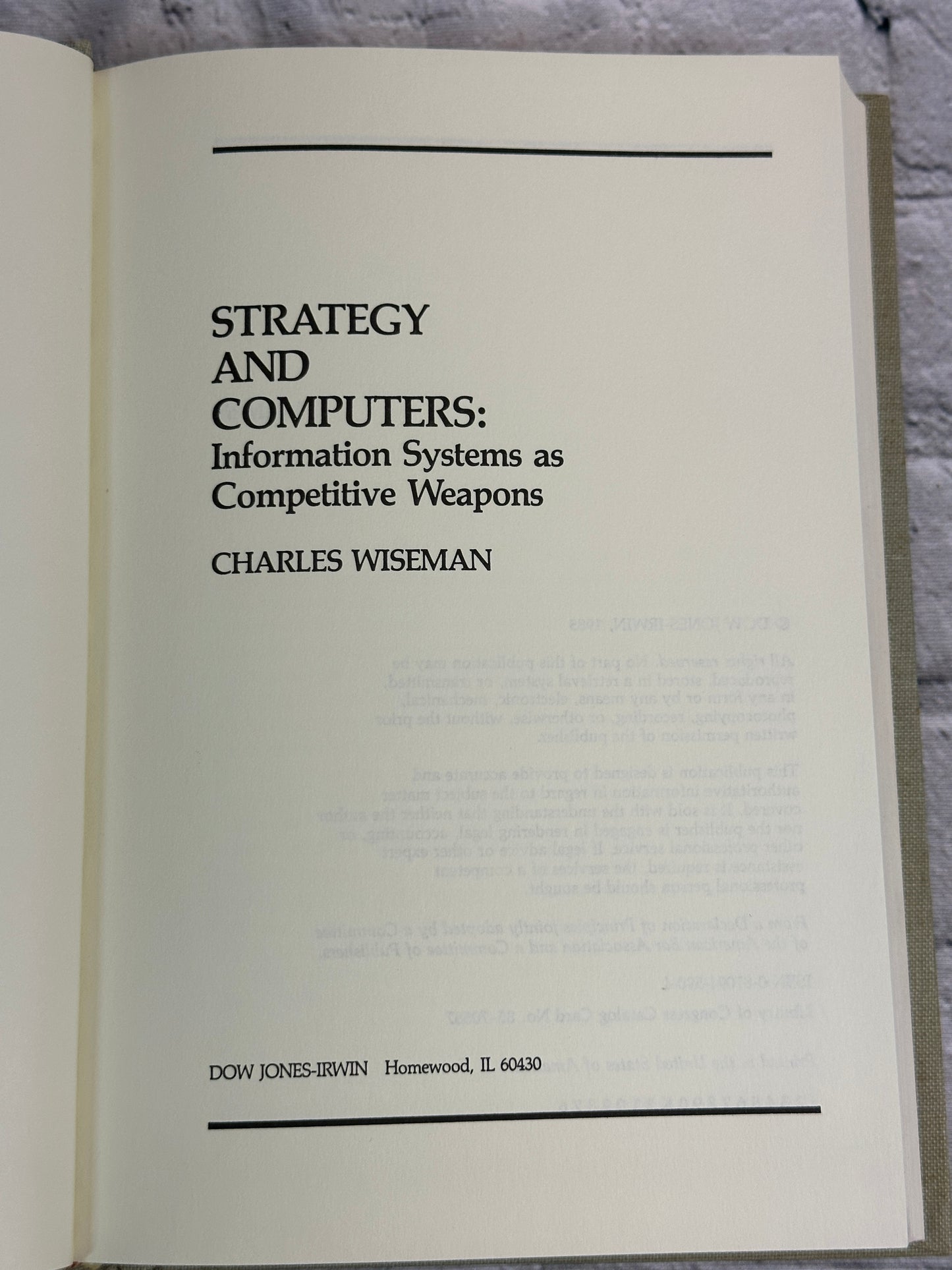 Strategy and Computers: Information Systems...by Charles Wiseman [1985]