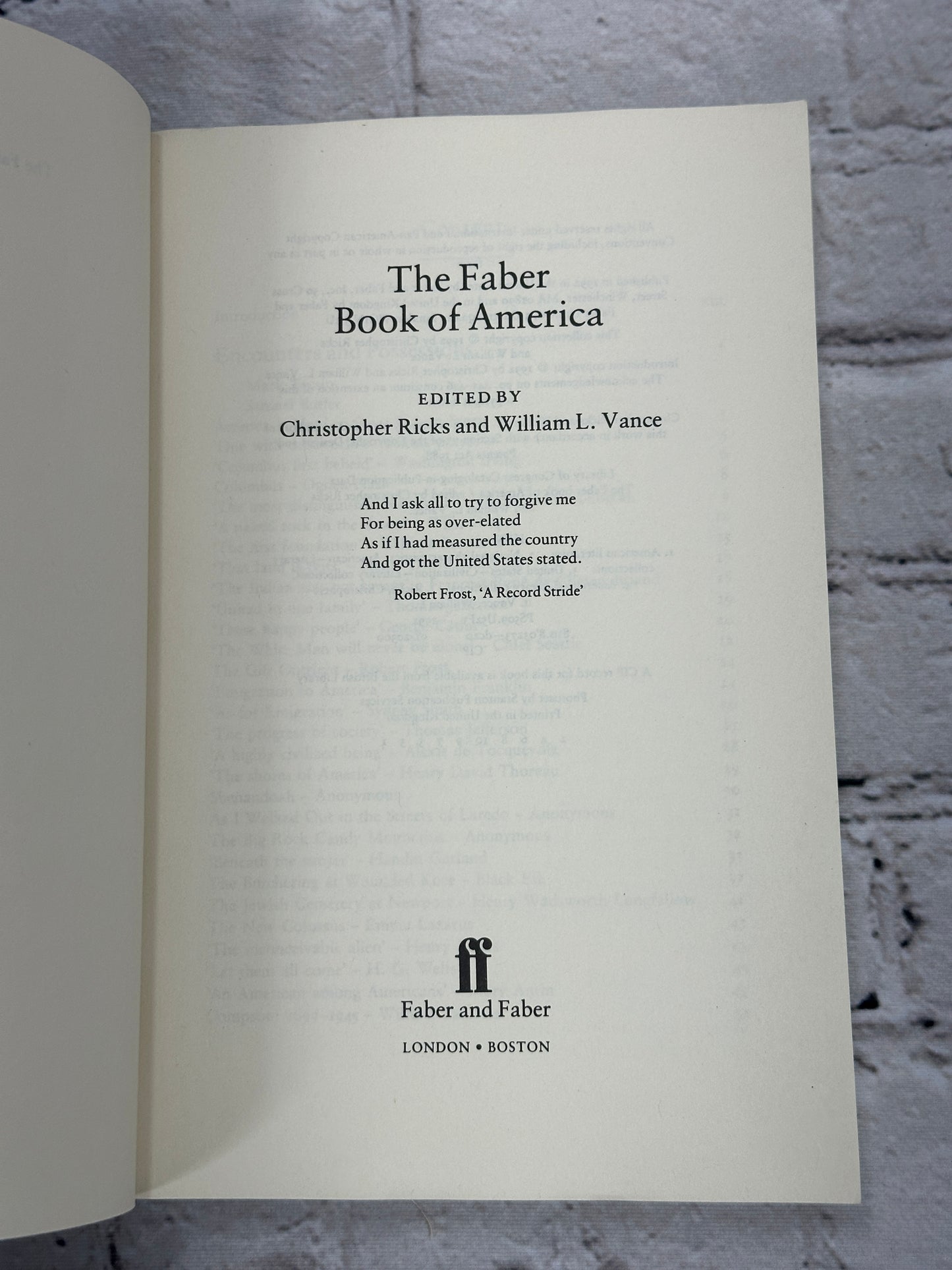 The Faber Book of America By Christopher Ricks & William L. Vance [1992]