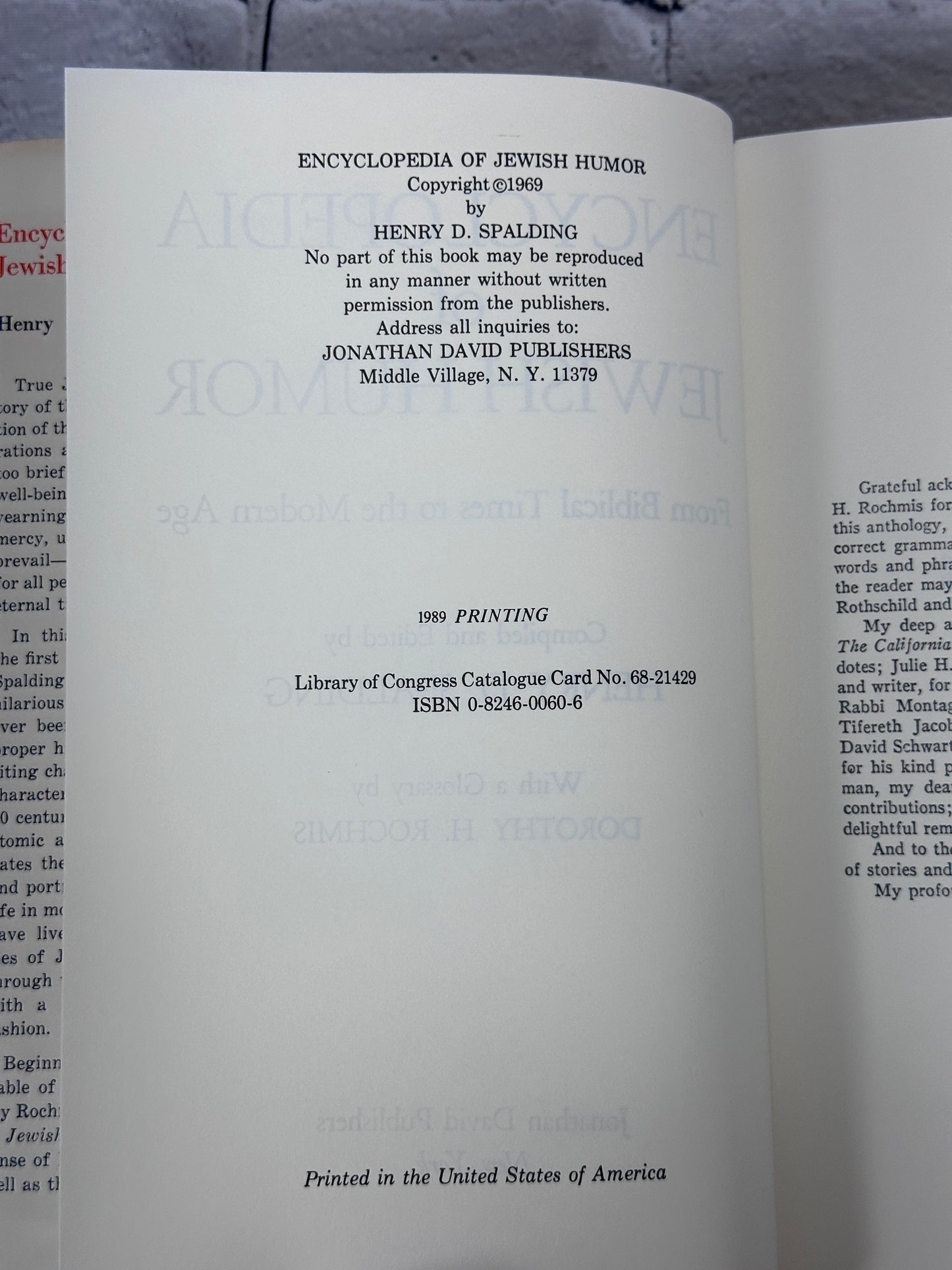 Encyclopedia of Jewish Humor: From Biblical Times to the Modern Age by Henry D. Spalding [1989]