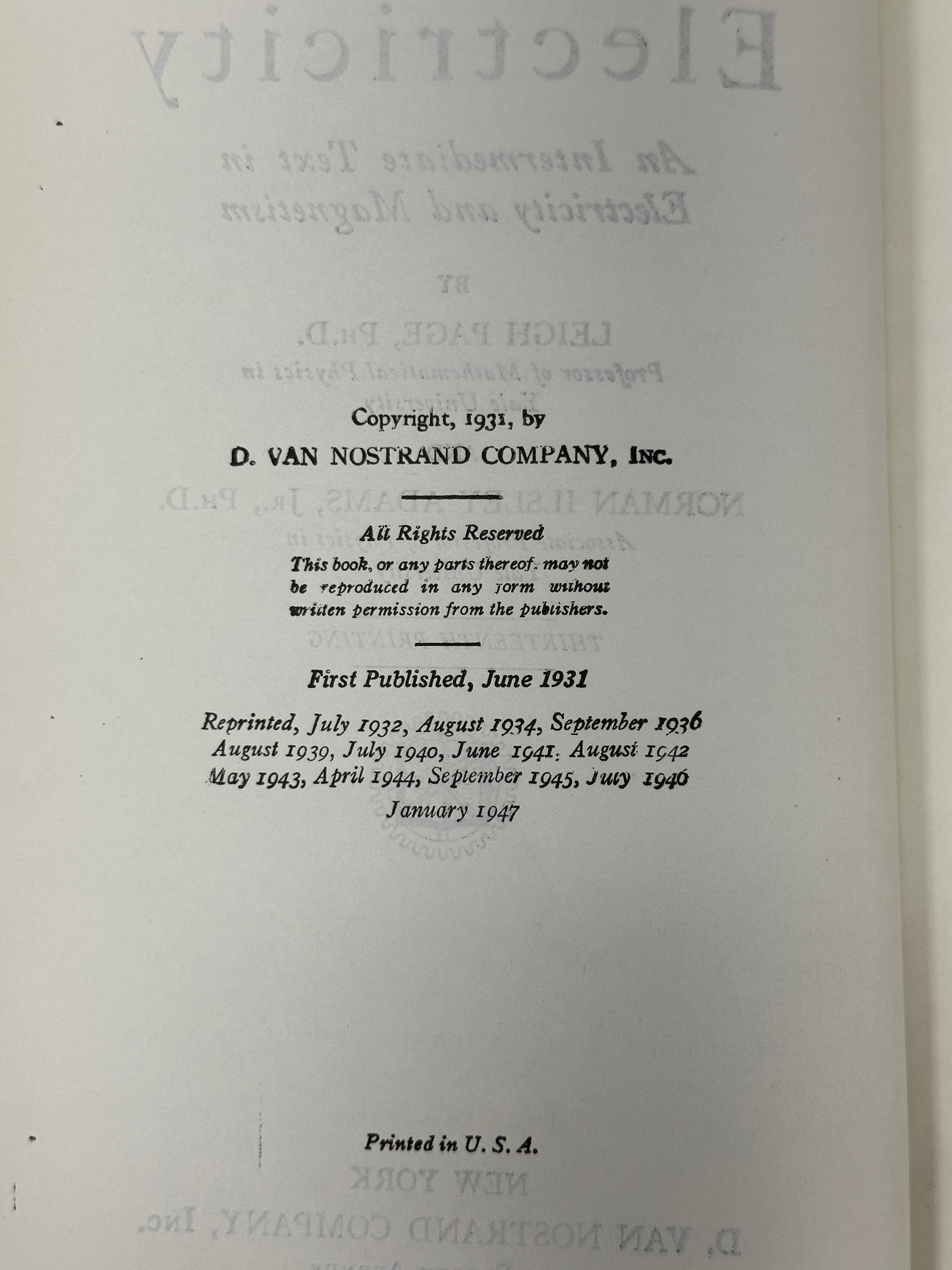 Principles of Electricity By Page & Adams [1947]