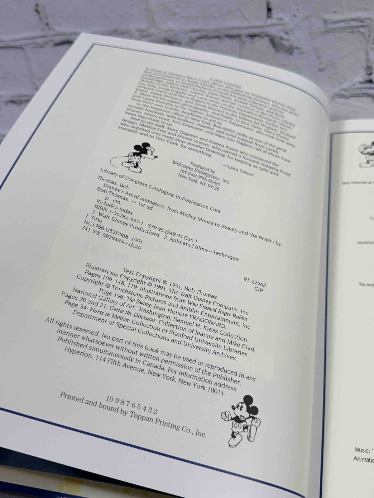 Disney's Art of Animation by Bob Thomas, 1991 Hyperion hardcover - copyright page