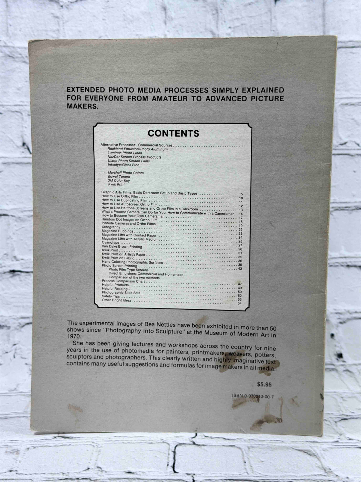 Breaking the Rules: A Photo Media Cookbook by Bea Nettles, 1977 paperback - rear cover showing stains