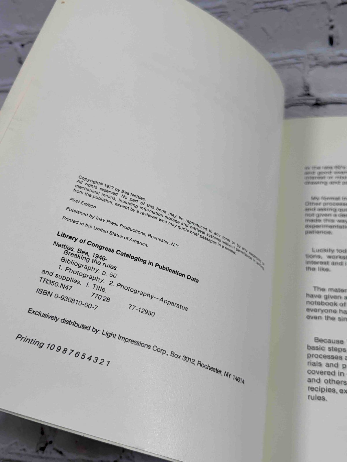 Breaking the Rules: A Photo Media Cookbook by Bea Nettles, 1977 paperback - copyright page