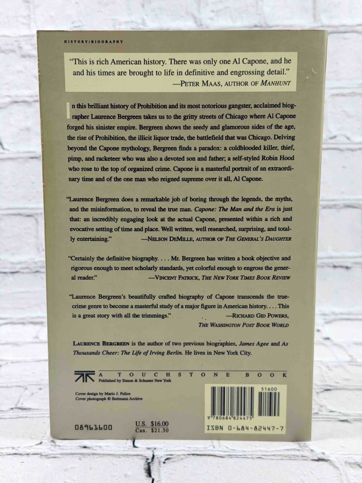 Capone: The Man and the Era by Laurence Bergreen, 1996 Touchstone paperback - rear cover