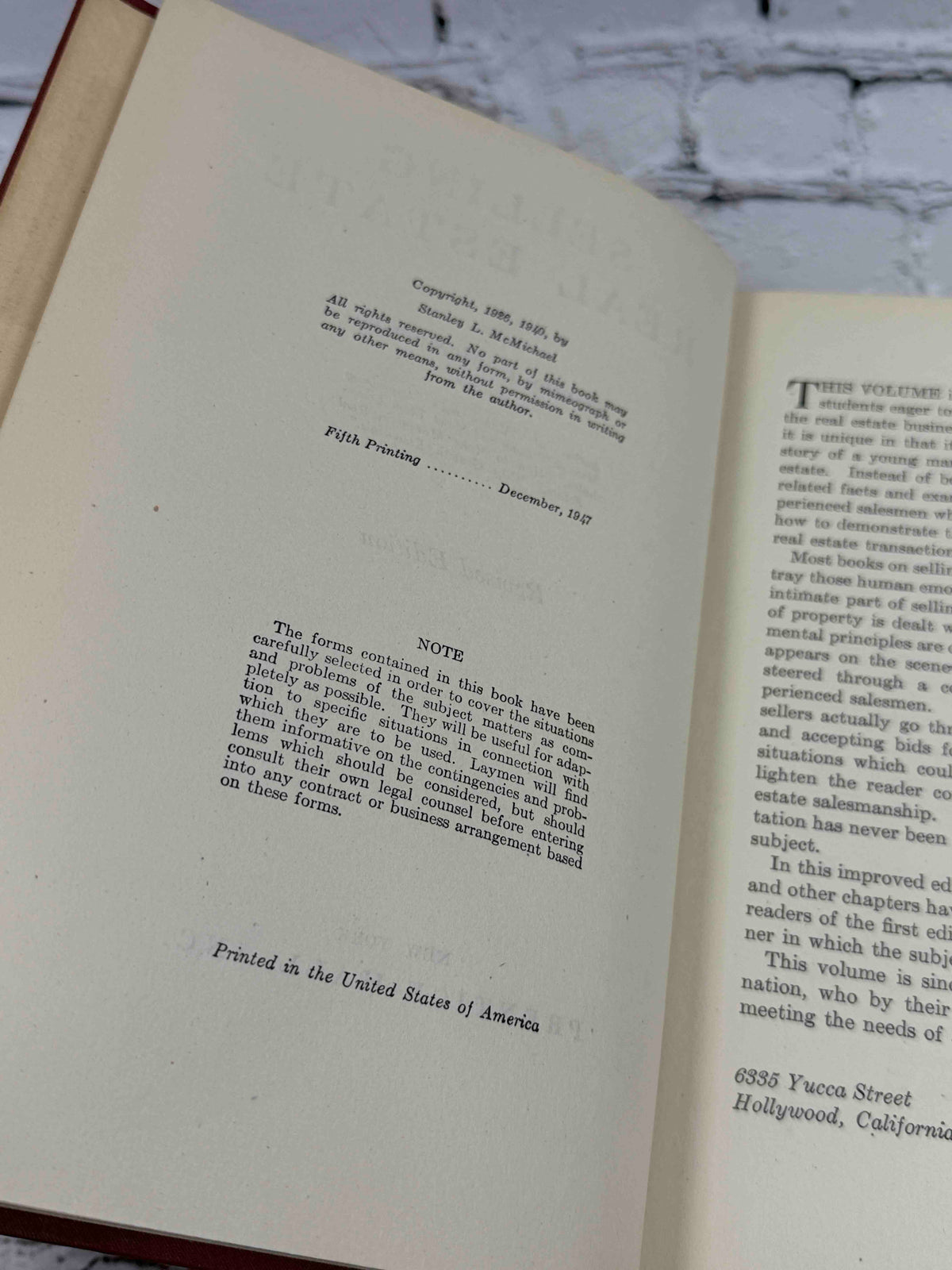 Selling Real Estate by Stanley L. McMichael, 1947 Prentice-Hall hardcover - copyright page