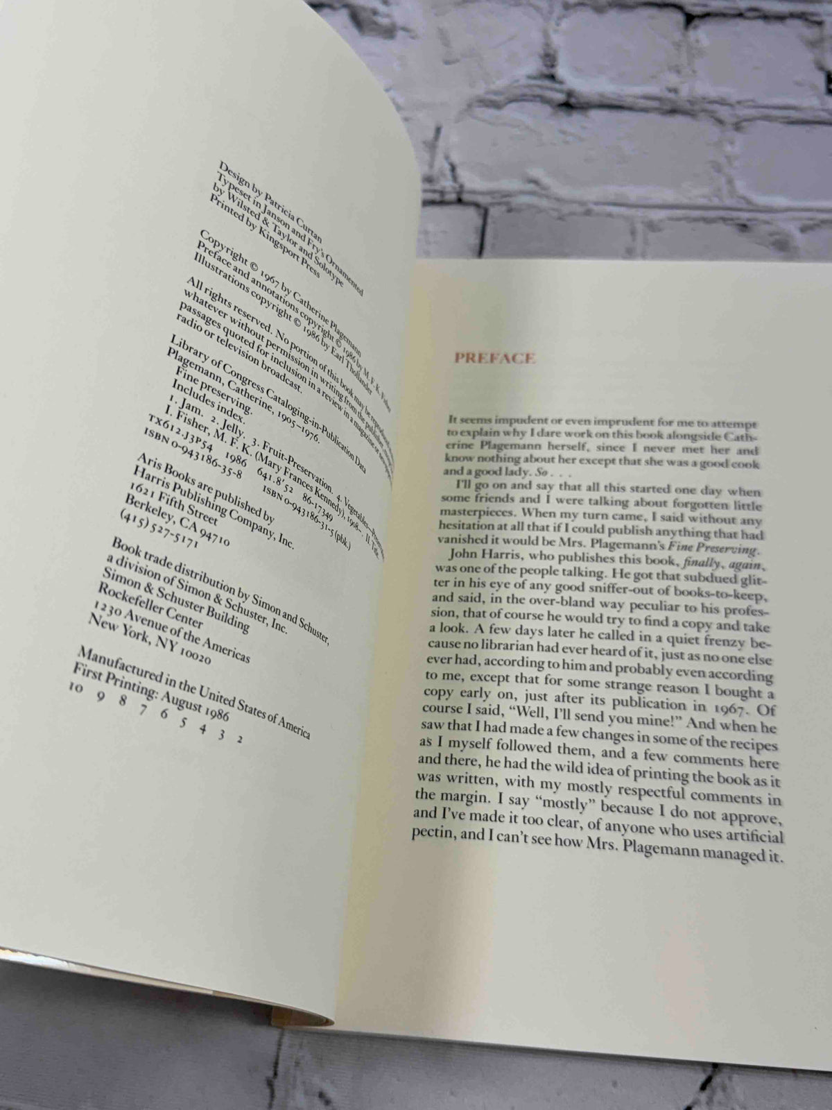 Fine Preserving by Catherine Plagemann and M.F.K. Fisher, 1986 Aris Books paperback - copyright page and preface