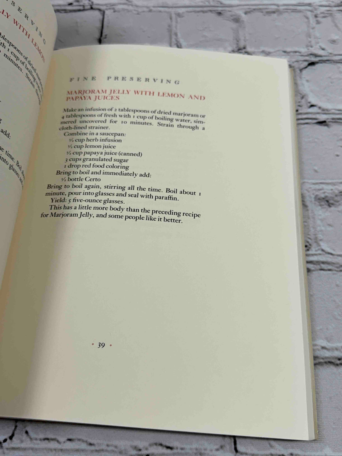 Fine Preserving by Catherine Plagemann and M.F.K. Fisher, 1986 Aris Books paperback - recipe page