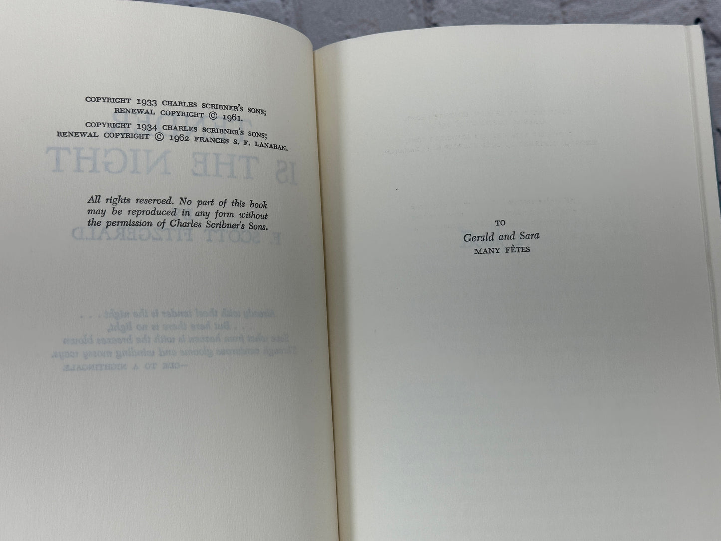 F. Scott Fitzgerald Tender Is The Night [Book Club Edition · 1962]