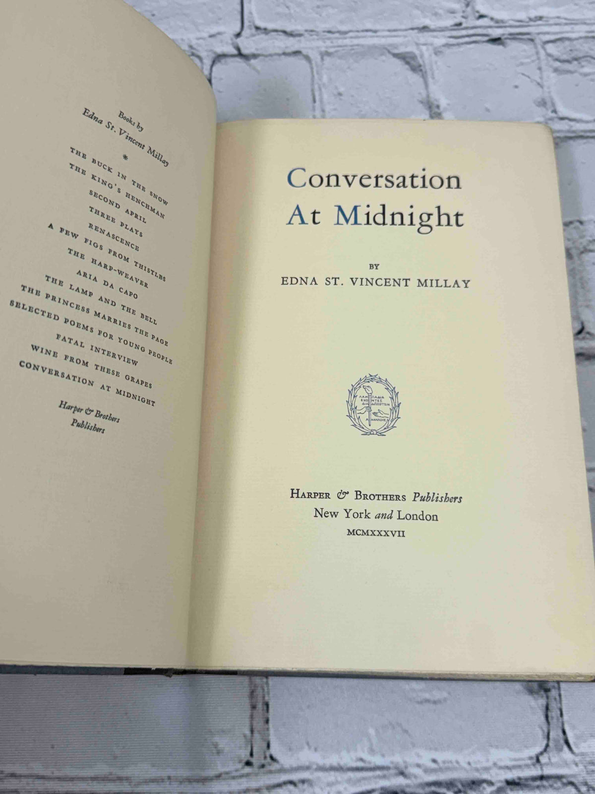 Conversation at Midnight by Edna St. Vincent Millay, 1937 Harper & Brothers Hardcover - title page