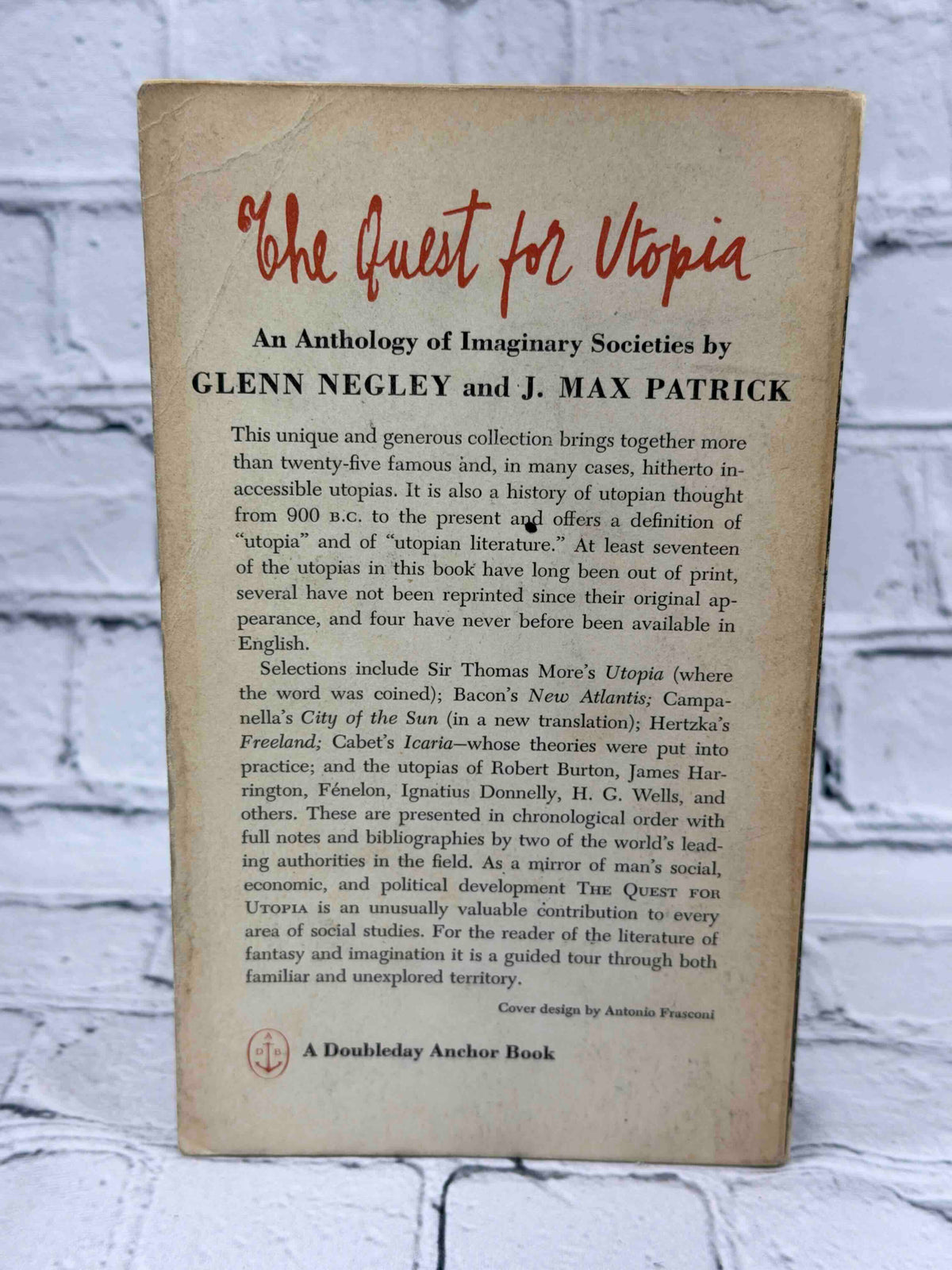 The Quest for Utopia by Glenn Negley and J. Max Patrick, 1962 Anchor Books Paperback - back cover
