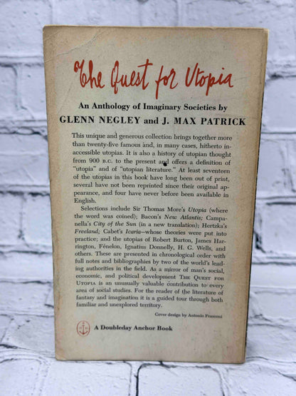 The Quest for Utopia by Glenn Negley and J. Max Patrick, 1962 Anchor Books Paperback - back cover