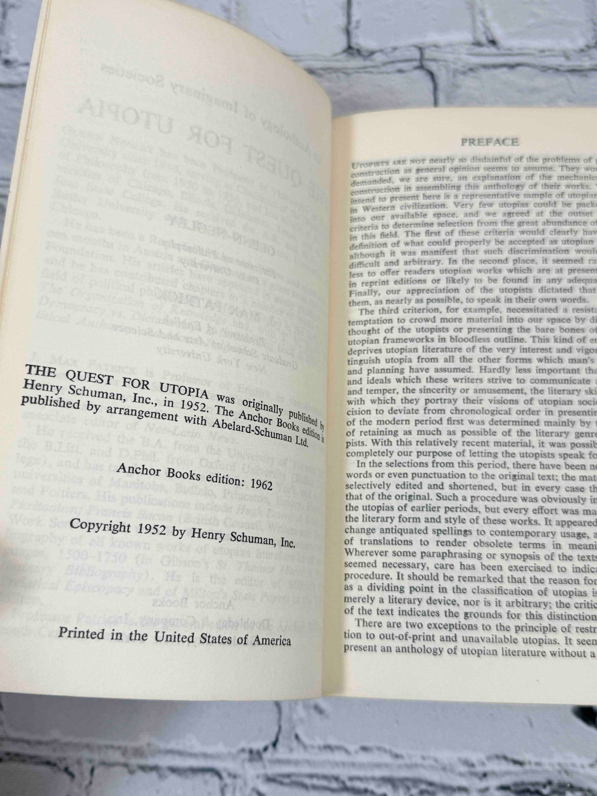 The Quest for Utopia by Glenn Negley and J. Max Patrick, 1962 Anchor Books Paperback - copyright page and preface