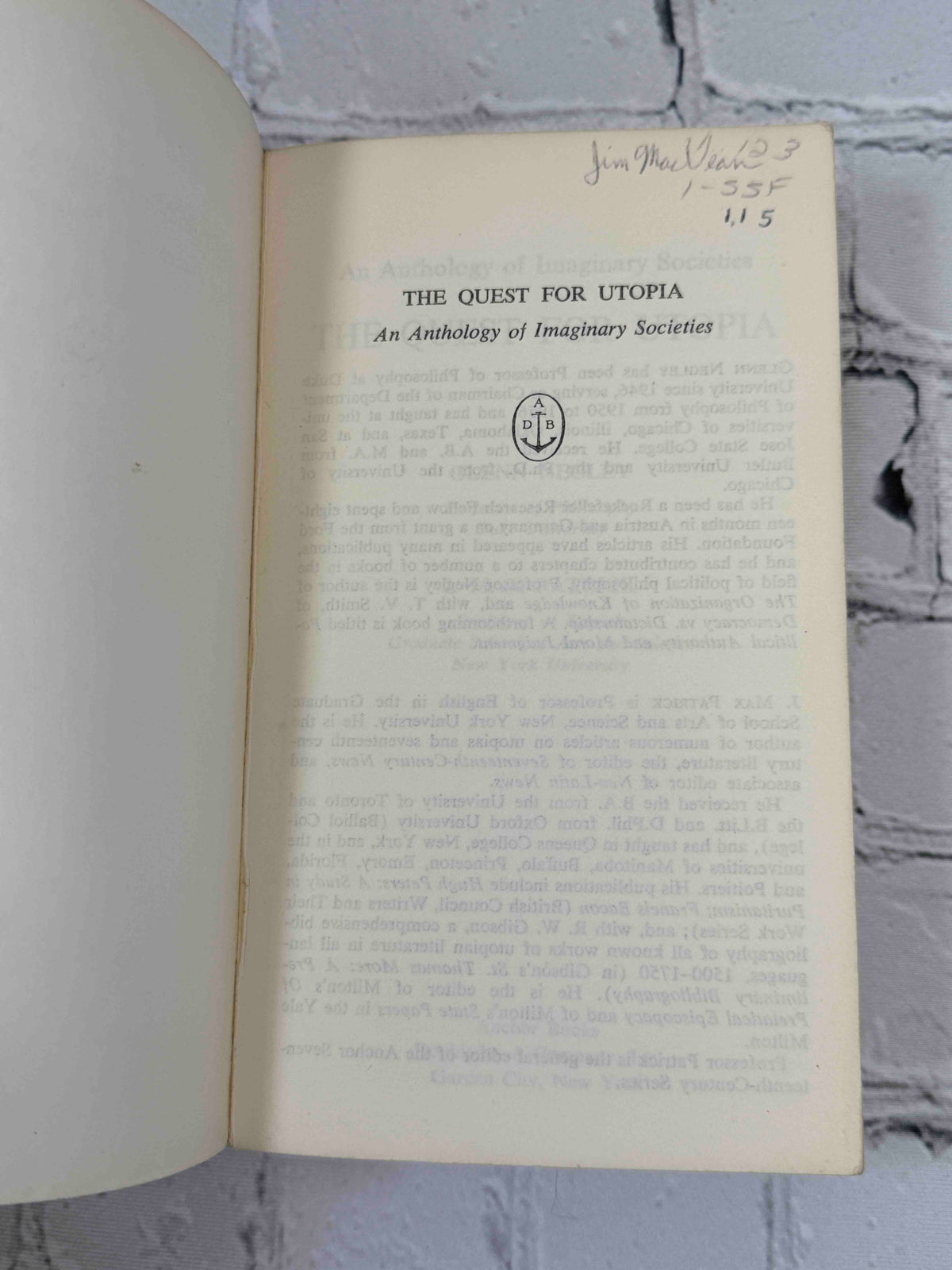The Quest for Utopia by Glenn Negley and J. Max Patrick, 1962 Anchor Books Paperback - first page with owner name