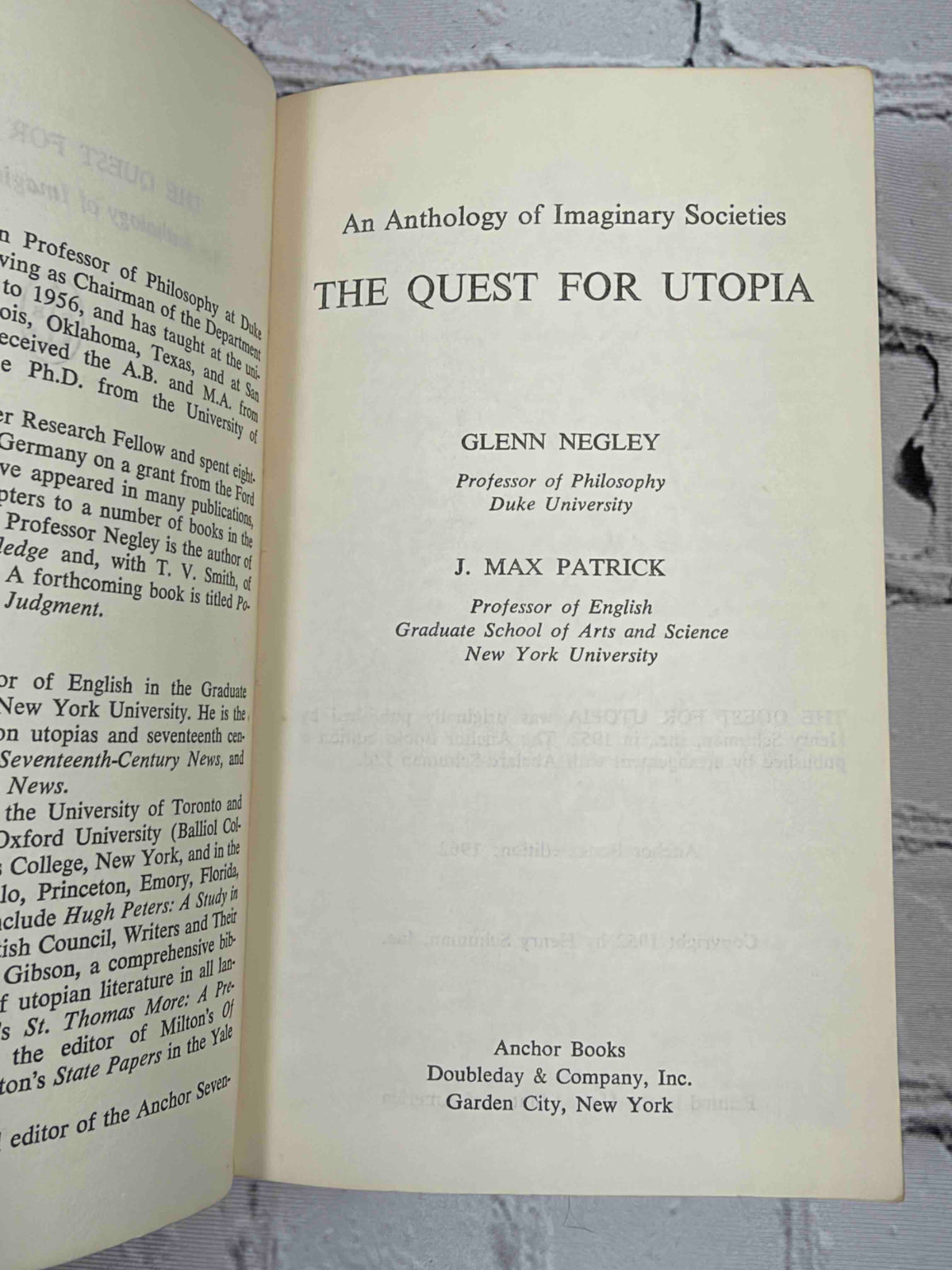 The Quest for Utopia by Glenn Negley and J. Max Patrick, 1962 Anchor Books Paperback - title page