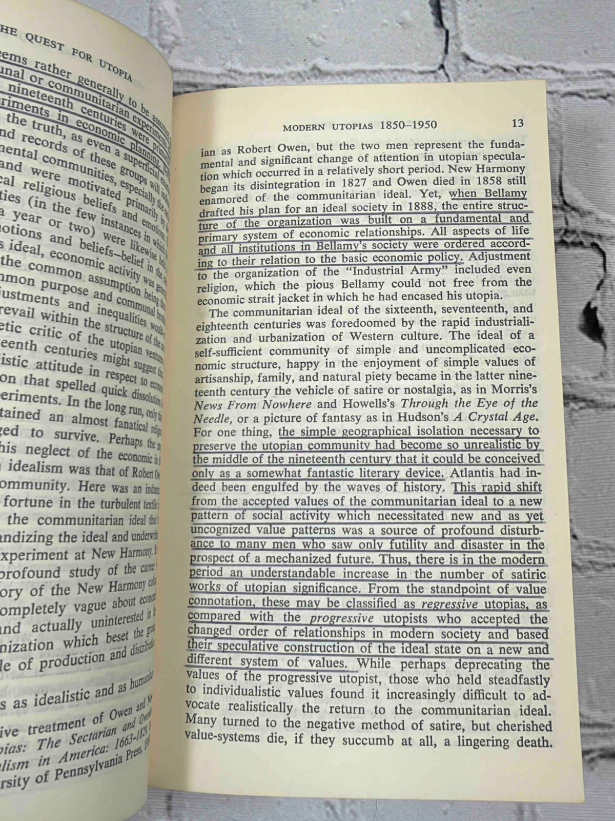 The Quest for Utopia by Glenn Negley and J. Max Patrick, 1962 Anchor Books Paperback - page with pencil underlining
