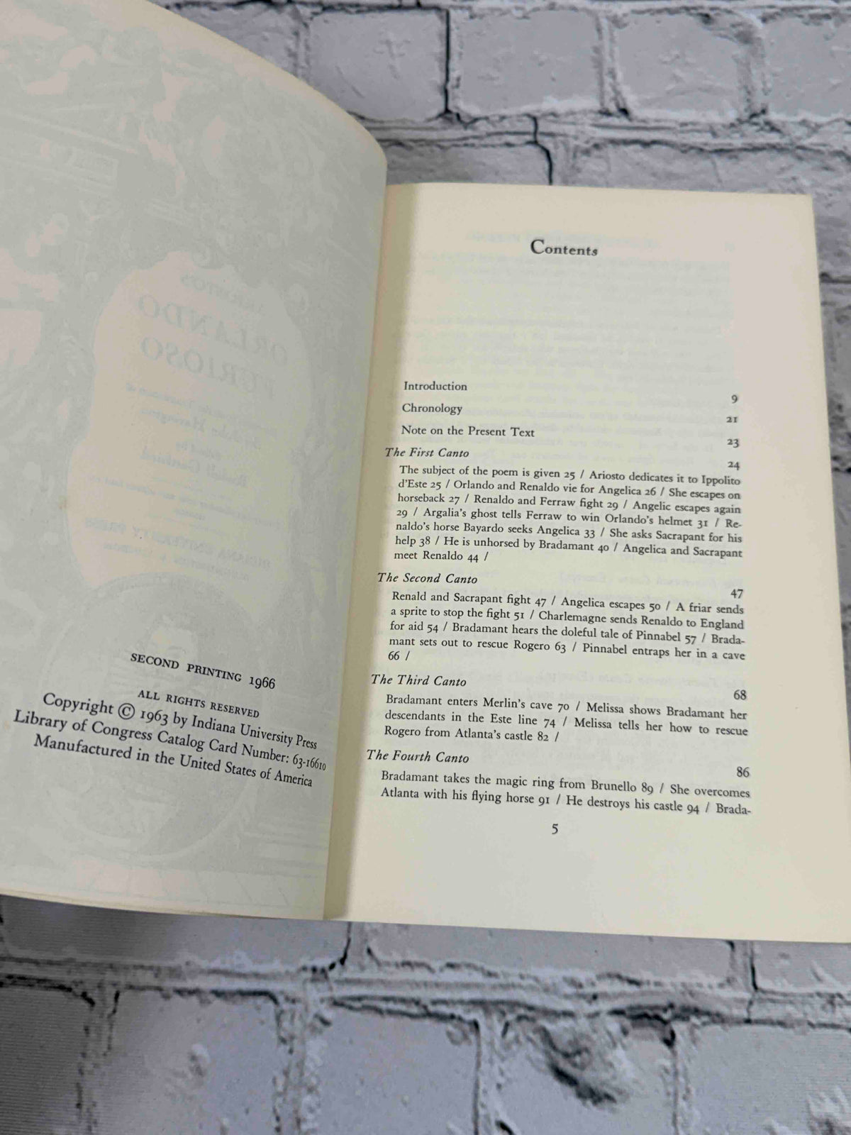 Ariosto's Orlando Furioso by Ludovico Ariosto, 1966 Indiana University Press Paperback - copyright page and contents