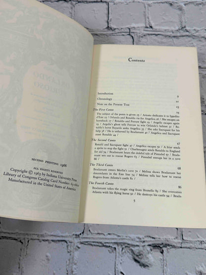 Ariosto's Orlando Furioso by Ludovico Ariosto, 1966 Indiana University Press Paperback - copyright page and contents