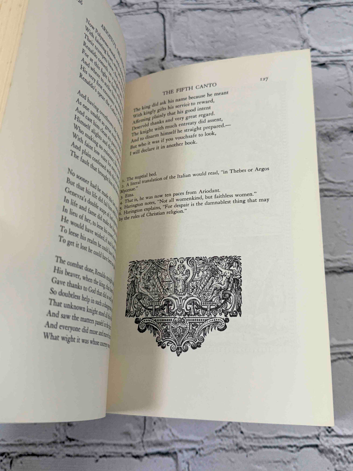 Ariosto's Orlando Furioso by Ludovico Ariosto, 1966 Indiana University Press Paperback - sample page with engraved ornament
