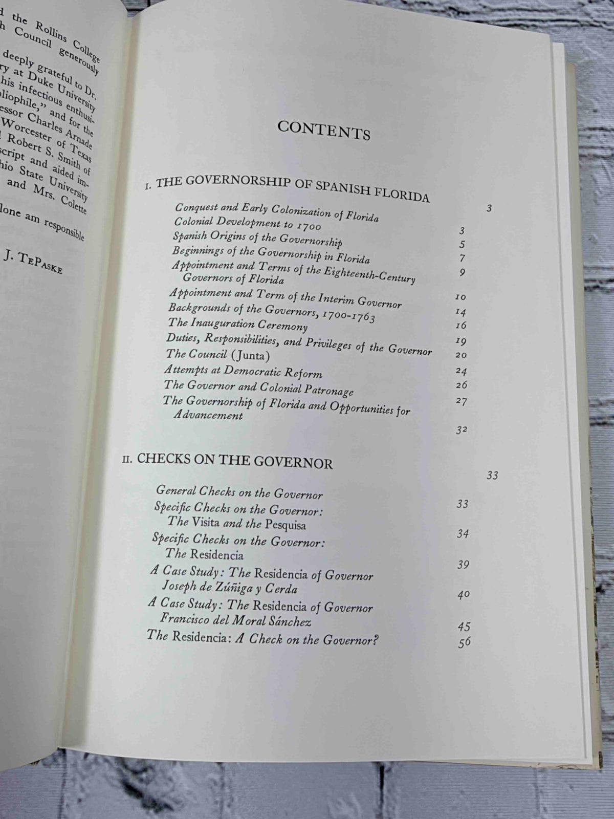 The Governorship of Spanish Florida 1700-1763 by John Jay TePaske, 1964 Duke University Press Hardcover - contents page