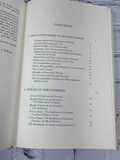 The Governorship of Spanish Florida 1700-1763 by John Jay TePaske, 1964 Duke University Press Hardcover - contents page