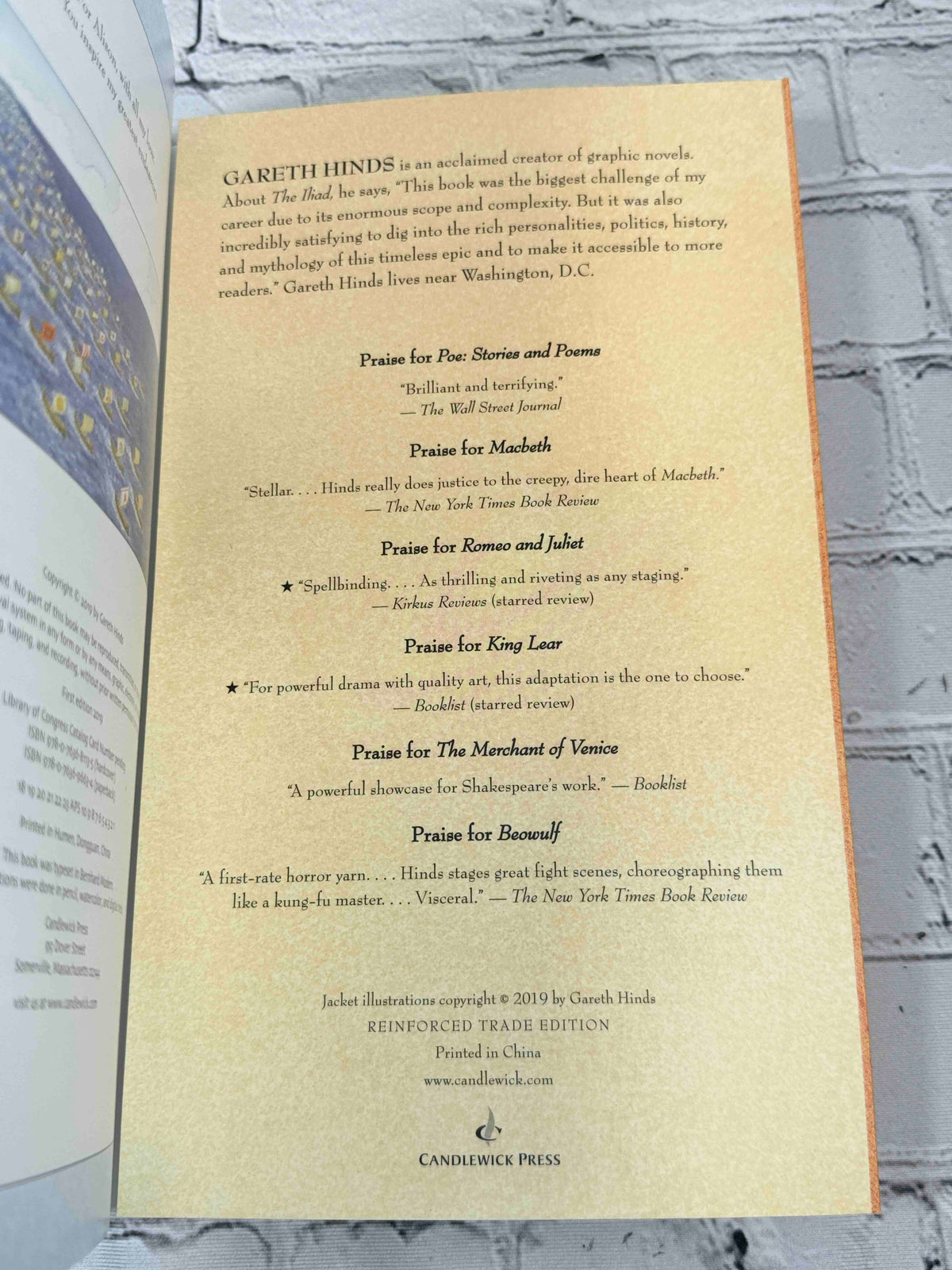 The Iliad by Gareth Hinds, 2019 Candlewick Press Trade Paperback - rear flap with author biography