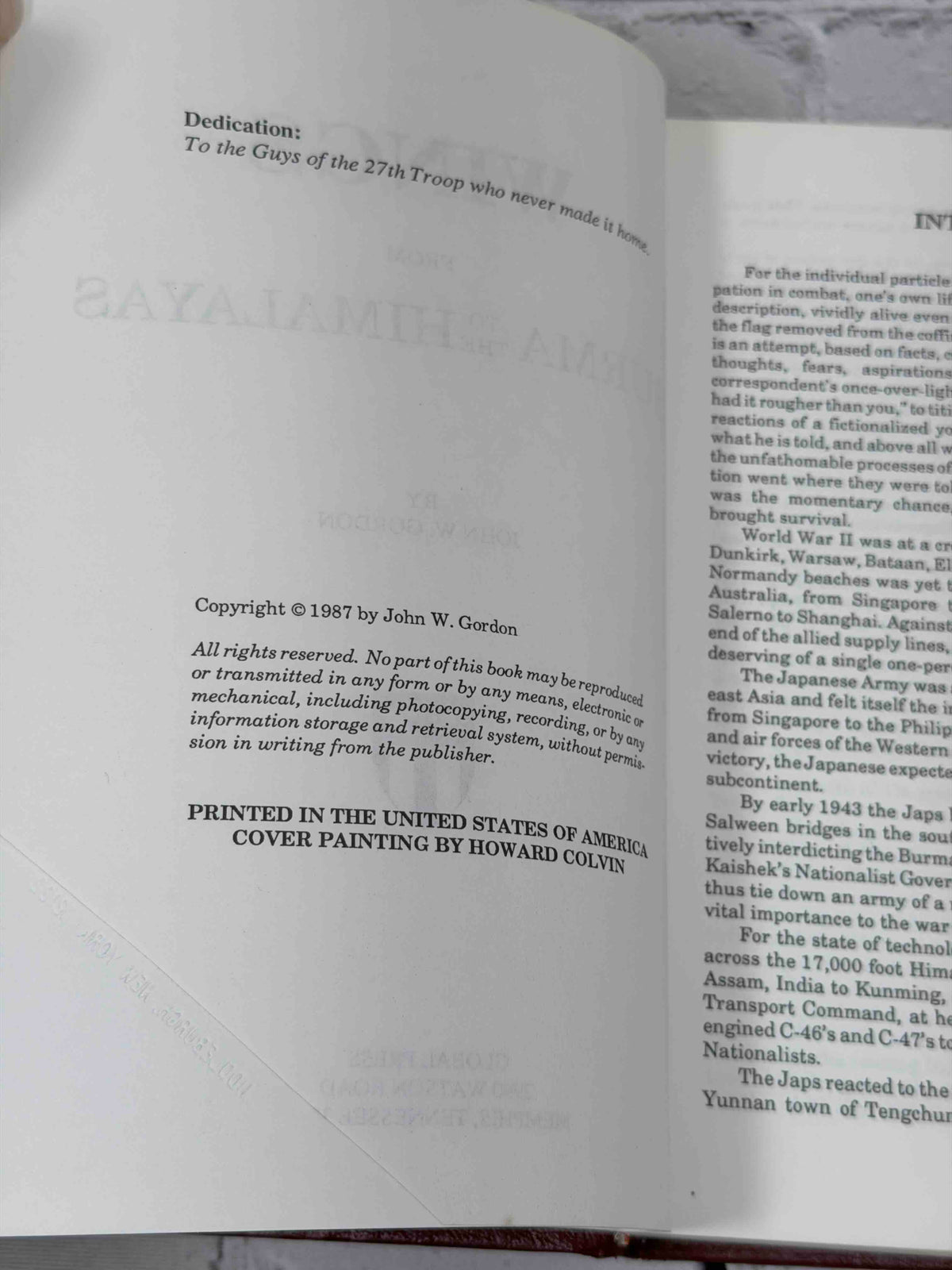 Wings from Burma to the Himalayas by John W. Gordon, 1987 Global Press Hardcover - dedication and copyright page