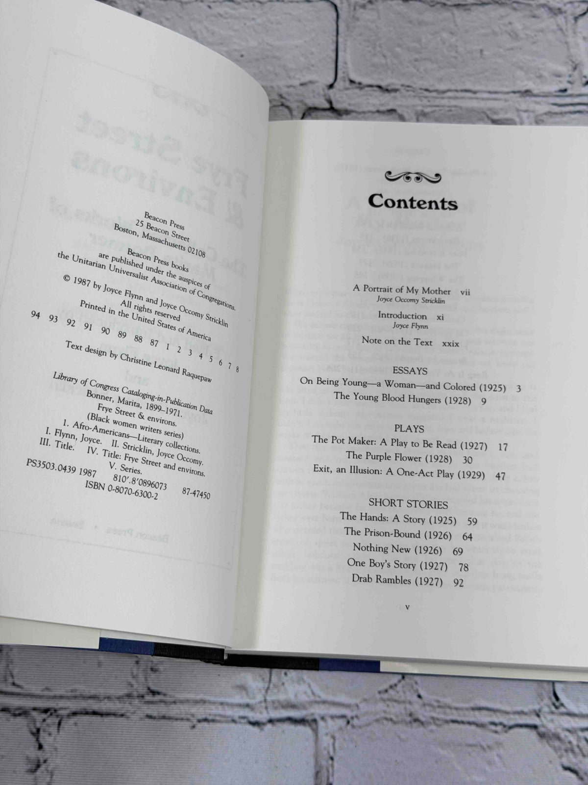 Frye Street & Environs: The Collected Works of Marita Bonner, 1987 Beacon Press Hardcover - copyright page and contents