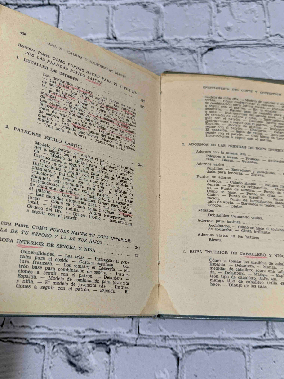 Enciclopedia del Corte y Confeccion by Ana-Maria Calera and Montserrat Marti, 1965 Gasso Hnos Hardcover - index pages with underlining