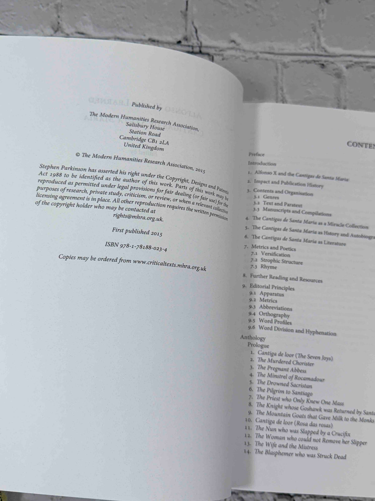 Alfonso X, the Learned: Cantigas de Santa Maria, An Anthology by Stephen Parkinson, 2015 MHRA Trade Paperback - copyright page and contents