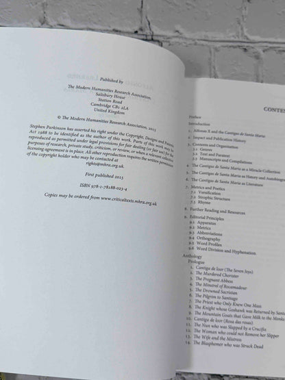 Alfonso X, the Learned: Cantigas de Santa Maria, An Anthology by Stephen Parkinson, 2015 MHRA Trade Paperback - copyright page and contents